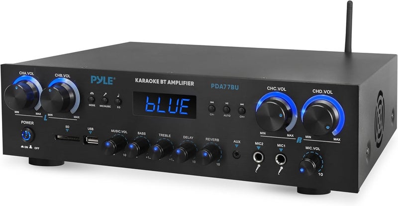 Pyle Bluetooth Home Stereo Amplifier Receiver - 4 Channel, 800 Watt Karaoke Sound System w/ MP3,USB,SD,AUX,RCA,FM,MIC, Headphone, Reverb + Delay, LED Vol, for Home, Studio, Theater Speakers - PDA77BU - Image 1